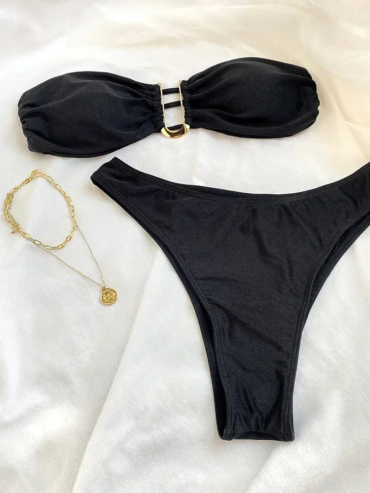 Women Bikini Sets Two Pieces Swimsuit Female Metal High Waist Sexy Bikini Bathing Suit Monokini Swimwear Women Biquini Bakini