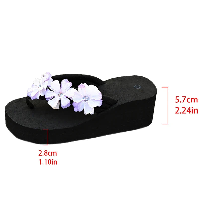 Flowers Decor Chunky Platform Flip Flops Women Plus Size 43 Lightweight Non Slip Beach Slippers Woman Clip Toe Wedges Sandals
