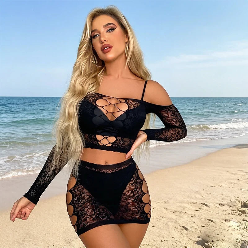 1 Set Women Long Sleeve See-Through Fishnet Cover Up Hollow Out Tassel Bodycon Beachwear Dress