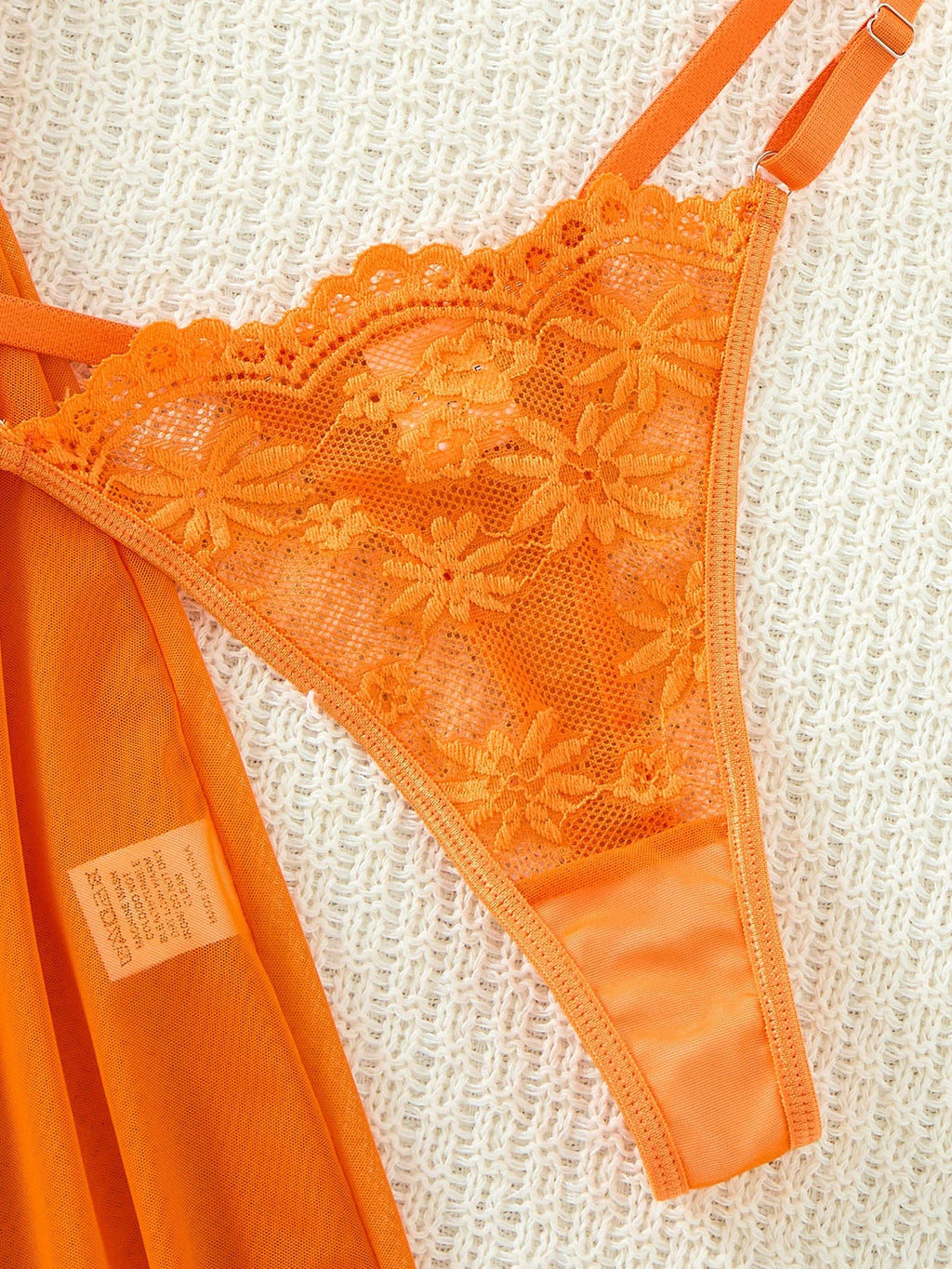 Vibrant Orange Lace Netting Sleep Skirt Set - French Deep V Straps Transparent Sexy Sleep Pantie Two-Piece Set ZA825096