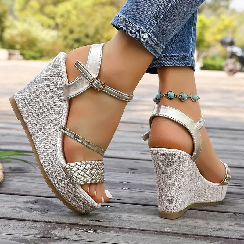 Gold Woven Wedge High Heel Sandals Women 2026 Summer Ankle Buckle Chunky Heeled Sandals Woman Plus Size Platform Sandles Female