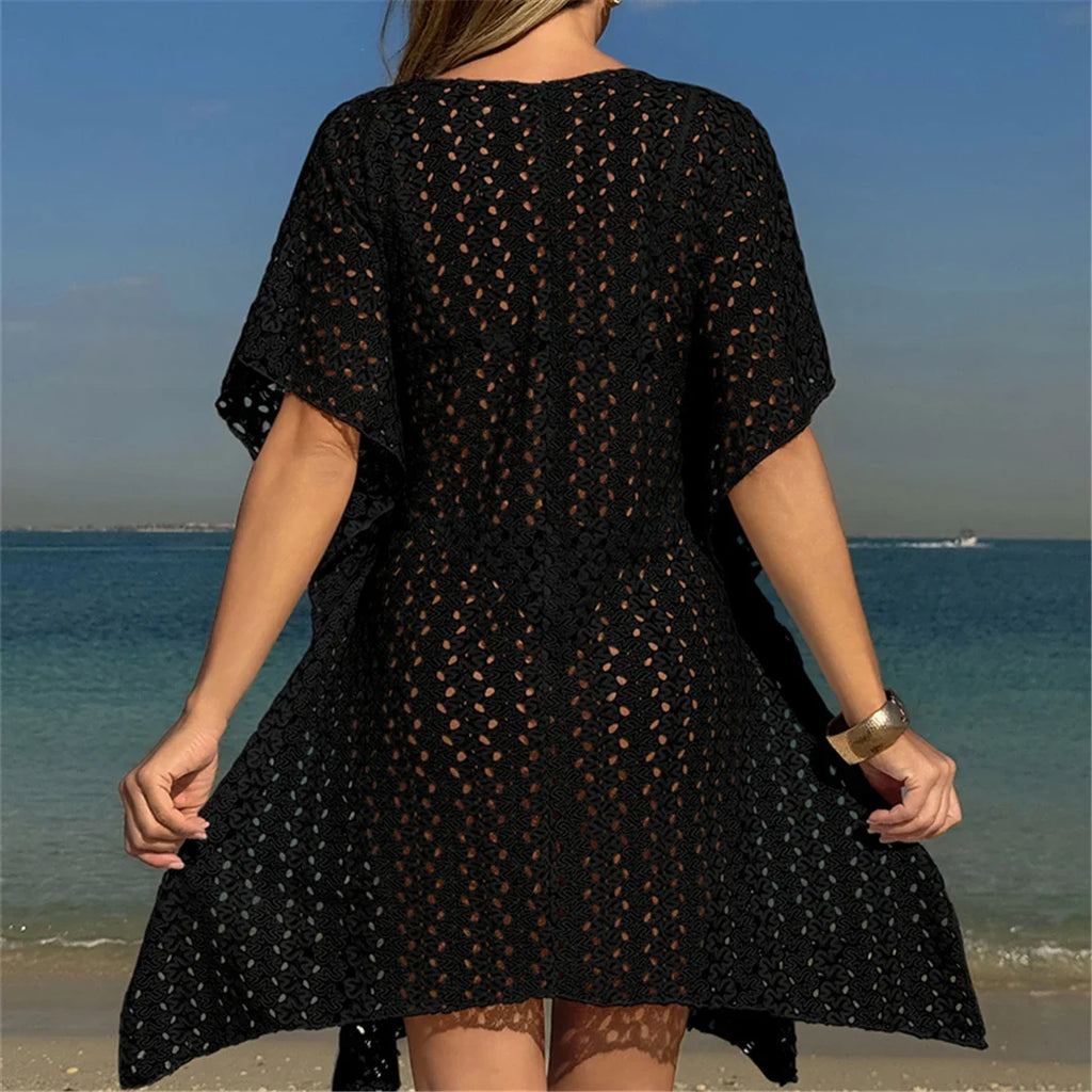 2025 V Neck Short Sleeve Hollow Out Knitted Tunic Beach Cover Up Cover-ups Beach Dress Beach Wear Beachwear Female Women K6535