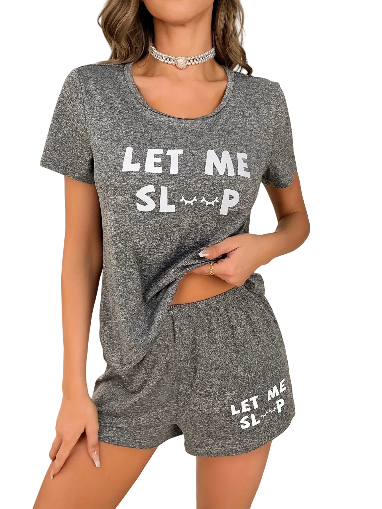 Women Summer Casual 2 Pieces Pajama Sets Gray Letter Print Short Sleeve Top and Shorts Set Loungewear Sleepwear