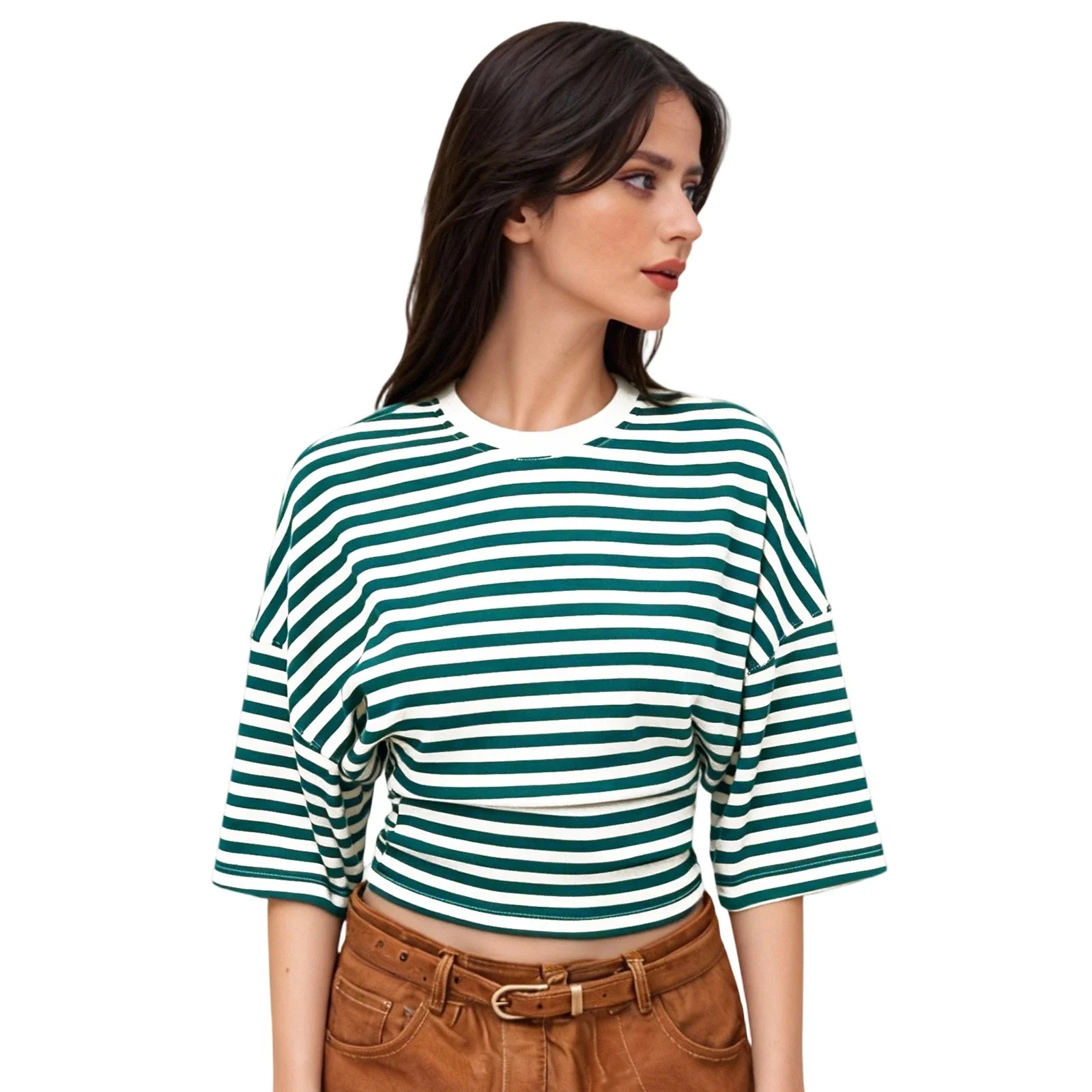Women Summer Fashion Casual Elbow Sleeve T-Shirts Stripe Cinched Waist Crew Neck Tops Streetwear