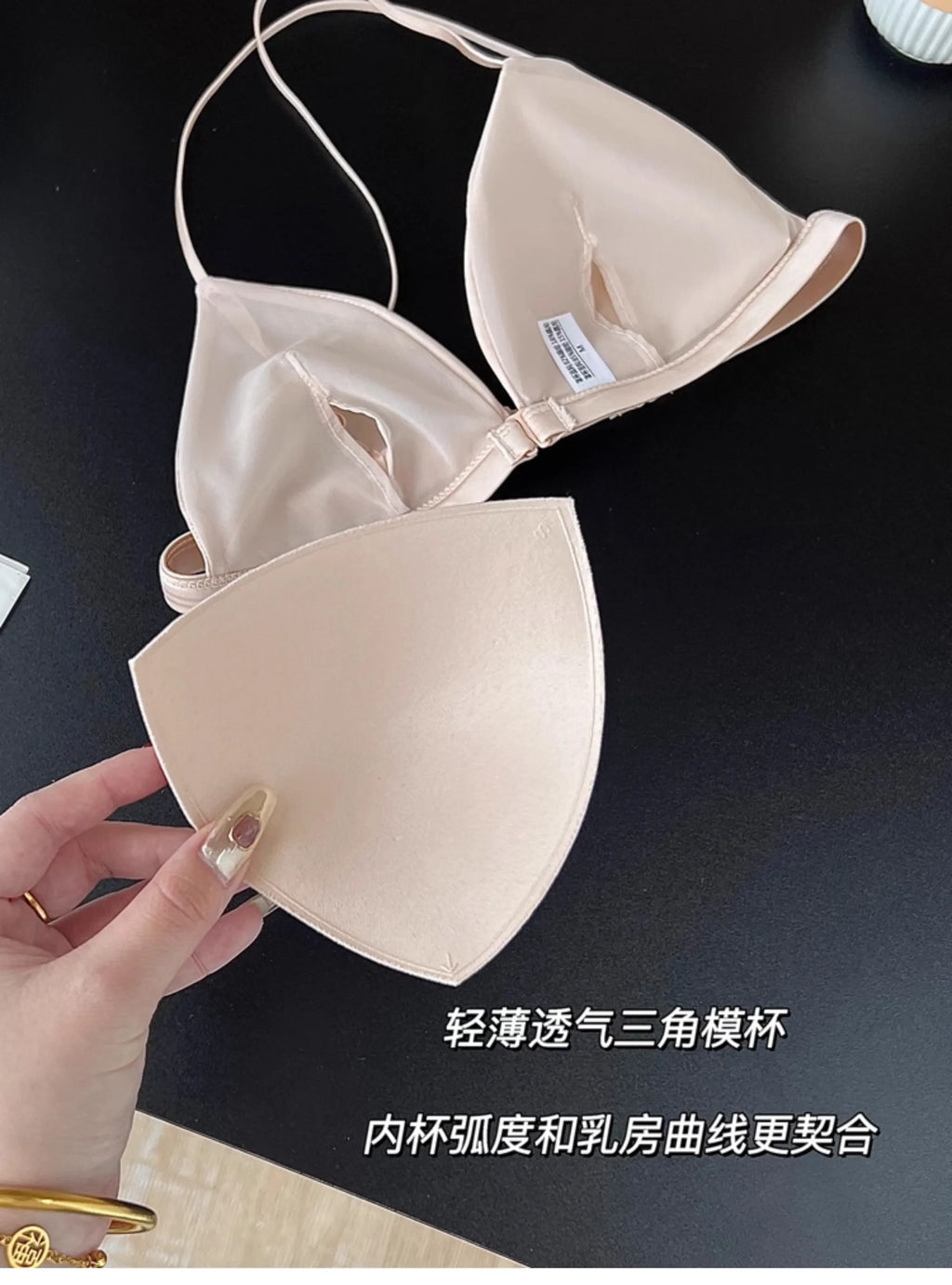 Summer French Triangle Bra Small Bust Beachwear Light Support Front Buckle Adjustable Straps Ultra Thin Bikini Set AU MOYISU AB