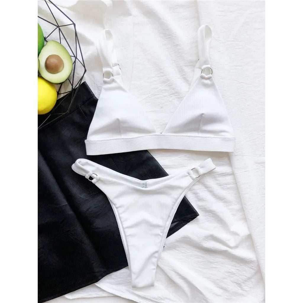 Sexy High Leg Cut Ribbed Bikini Women Swimwear Female Swimsuit Two-Pieces Bikini Set Padded Bather Bathing Suit Swim Lady V3255