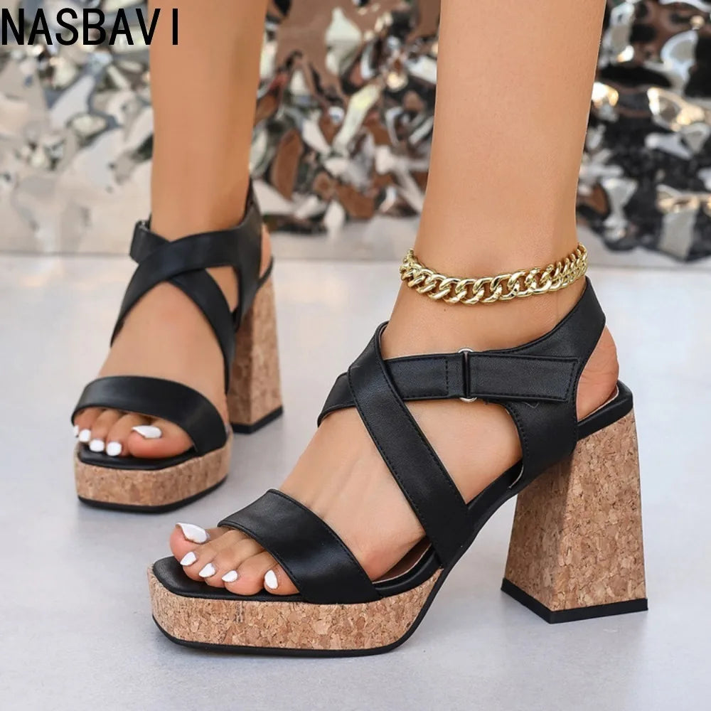 French Brown Roman Sandals for Women Square Toe 9cm Chunky Heel Platform Hook&Loop Big Size 34- 43 Modern Daily Lady Shoes New