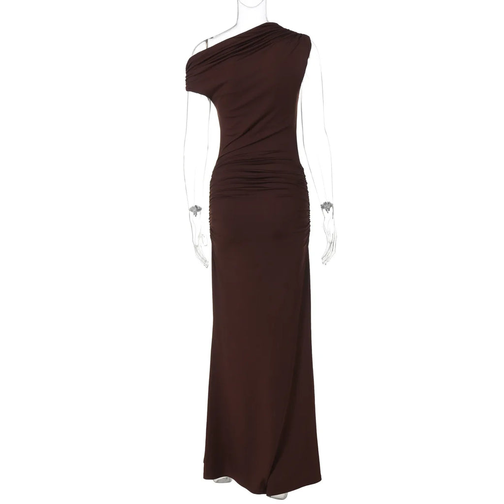 FDYOUI Woman Clothes Diagonal Collar Ruched Brown Long Dresses 2026 Summer Lady Chic One Shoulder Sleeveless Tunics Party Dress