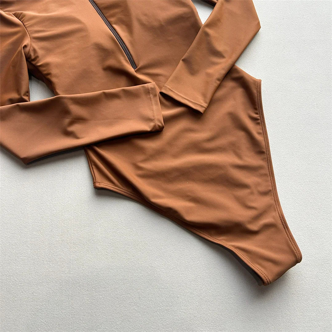2026 Long Sleeve With Zipper Solid Women Swimwear One Piece Swimsuit Female Padded High Leg Cut Bather Bathing Suit Swim V7752