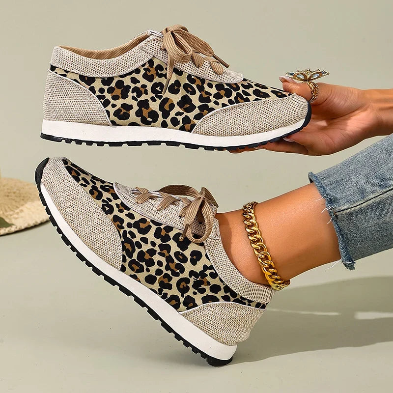 Plus Size 43 Leopard Print Platform Sneakers Women 2026 Breathable Lace Up Casual Flat Shoes Woman Non Slip Flats Walking Shoes