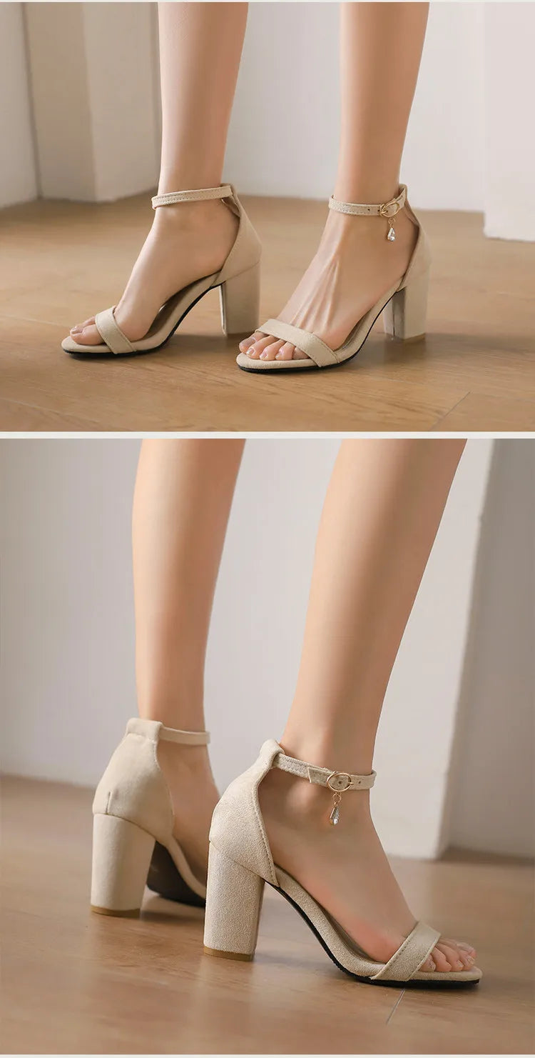 Beige Suede Ankle Strap Block Heel Sandals for Women, Round Open Toe with Rhinestone Accent, Multiple Colors Available