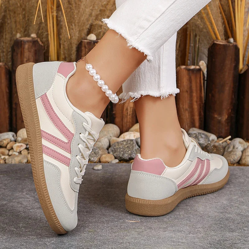 Korean Pink Striped Flat Shoes Women Spring Autumn Lace Up Platform Sneakers Woman Plus Size 42 Low Heel Casual Shoes Female
