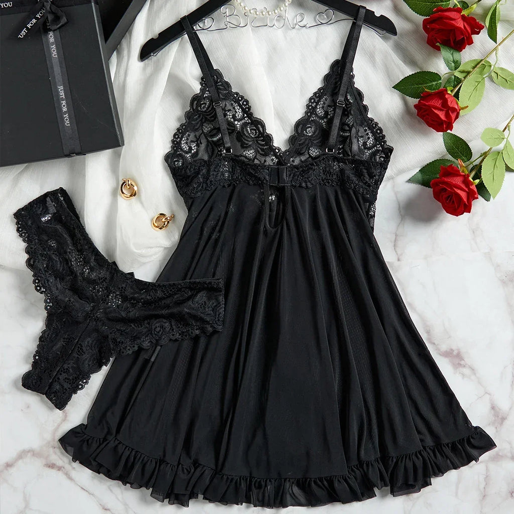 Tulle Suspenders Exquisite Lace V-Neck Nightdress Women's Underwear Semi-transparent Thong Dress Set Lingerie Nightgowns