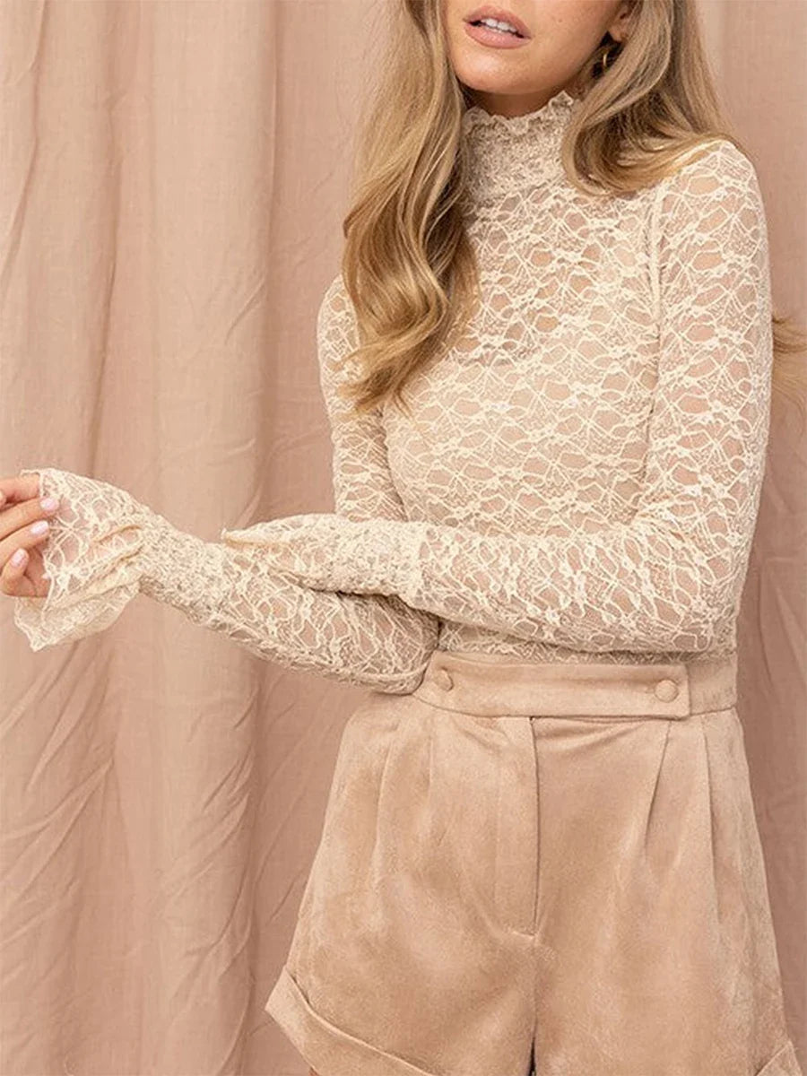 Women's Spring Summer Solid Color Slim Lace Mesh Tops Flare Long Sleeve High Neck Sheer T-Shirt for Party, Daily