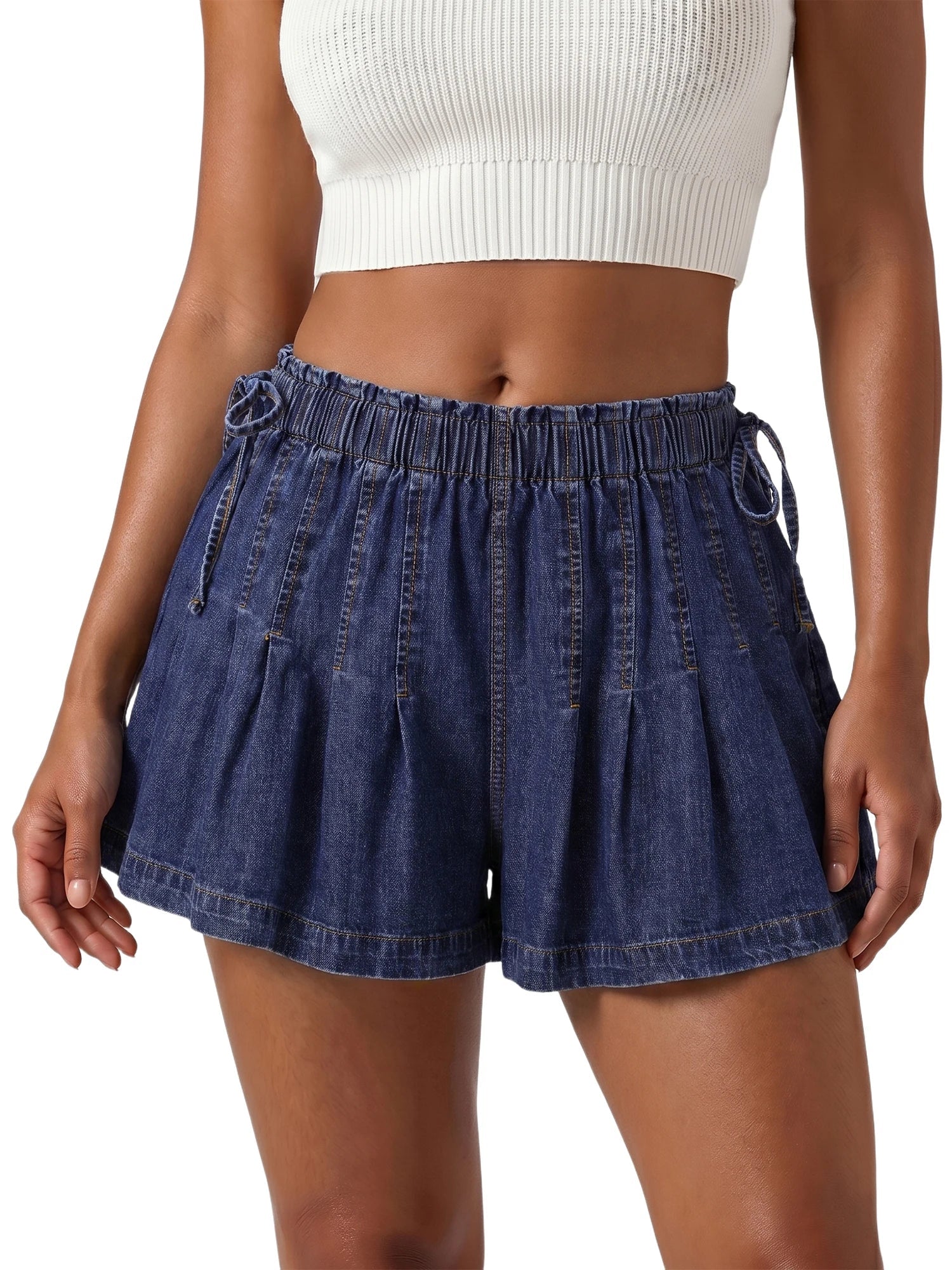 Womens Loose Fit Denim Shorts Drawstring Elastic Mid Rise Pleated Wide Leg Short Pants Casual Stylish Summer Skorts