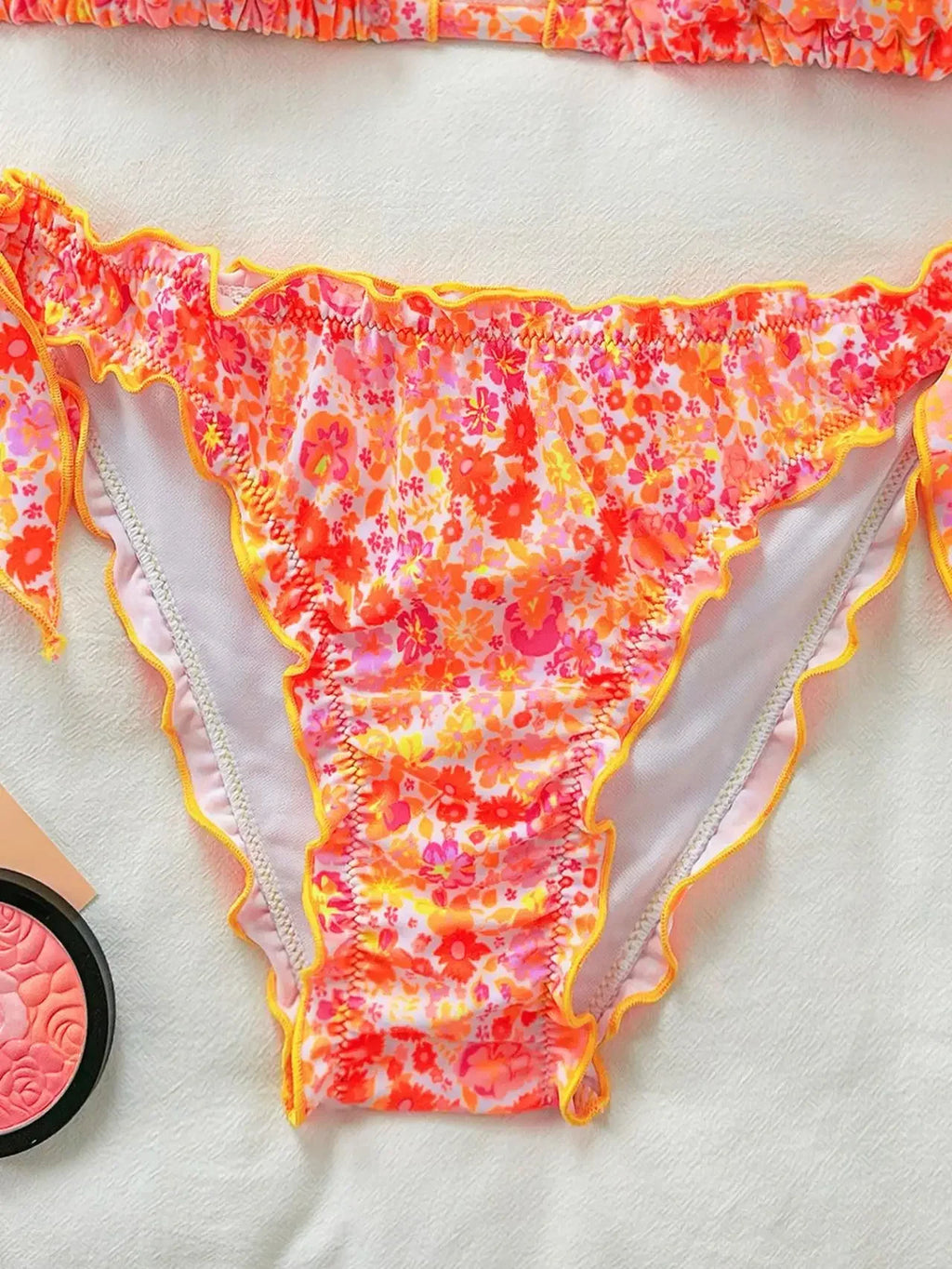 Women Cute Bikini Set 2025 New Summer Orange Floral Print Halter Ruffles Push Up Tie Side Thong Swimsuit Bathing Suit