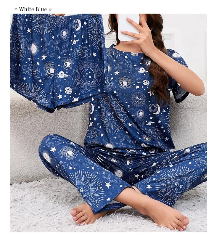 3-Piece Heart Print Pajama Women Sleepwear Home Clothes Short Sleeve Top with Shorts & Long Pants Pajamas Loungewear Short Suit