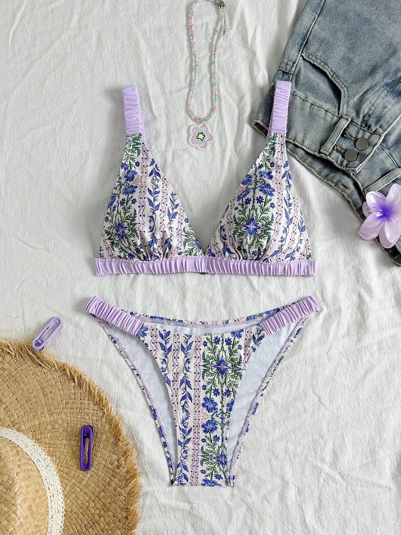 2026 New Purple Flower Print Swimsuit for Women Elastic Belt Strappy Swimwear Bathing Suit Low Waist Sexy Bikini Set Beachwear