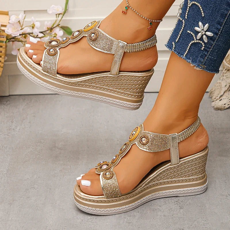 Fashion Crystals Wedges Heel Sandals Women Summer Chunky Platform Bohemian Sandalias Mujer Slip On High Heels Sandles Female 43