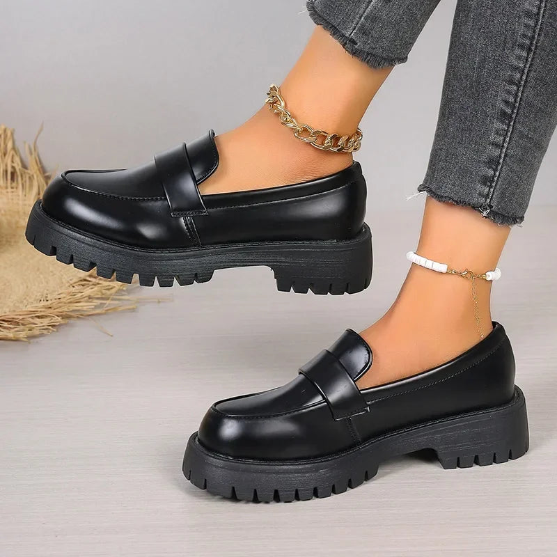 Plus Size 35-43 Black Pu Leather Loafers Women British Style Slip On Platform Shoes Woman Thick Sole Japan School Uniform Shoes