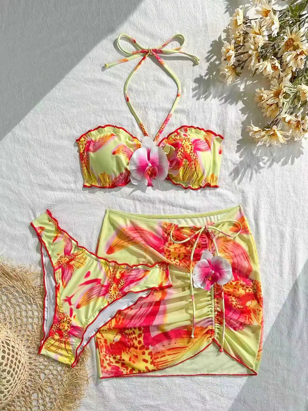 3D Floral Halter Bandeau Bikinis 2026 Padded Swimsuit Women 3 Pieces Swimwear Female Bather Bathing Swimming Swim Suit Beachwear