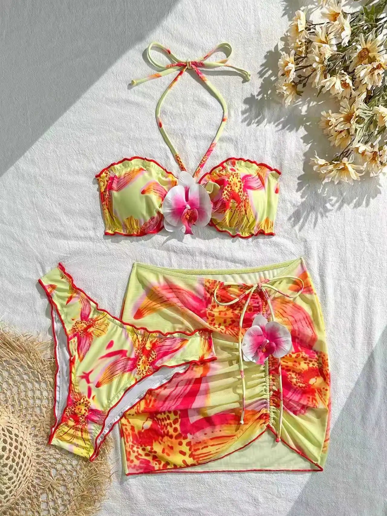 3D Floral Halter Bandeau Bikinis 2026 Padded Swimsuit Women 3 Pieces Swimwear Female Bather Bathing Swimming Swim Suit Beachwear