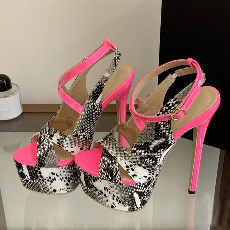 New Sexy Snake Print Leather Platform High Heels Sandals Women Fashion Peep Toe Buckle Strap Stiletto Party Dress Shoes