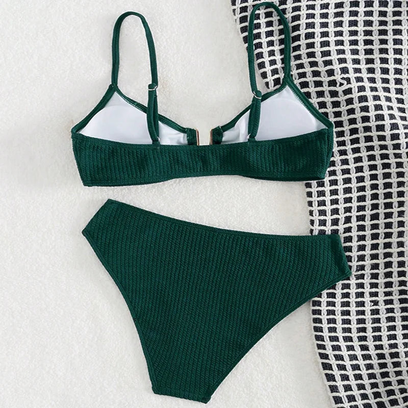 Sexy U-shape Metal Ribbed Jasper Bikinis Sets Two Pieces Thong Swimsuit Swimwear Bathing Suit Beach Outfits Biquini Tankini