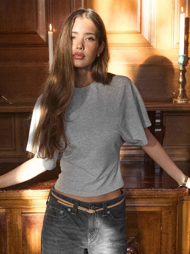 Fashion Casual Solid Gray Cropped T-shirt 2026 Woman Clothes O-neck Corset Tops Streetwear Girls Summer Autumn Short Tee Shirts