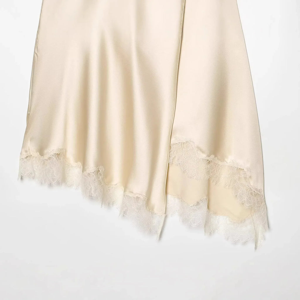 Women's Elegant Satin Lace Hem Skirt Beige Satin Hem Skirt With Lace Trim For Women Elegant Daily Wear Elegant Pure Desire AYYP