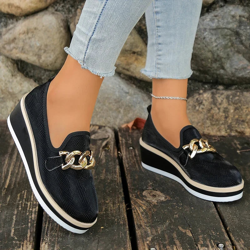 Fashion Metal Chain Wedge Heeled Loafers Women 2026 Slip On Platform Pu Leather Shoes Woman Non Slip Thick Sole Single Shoes