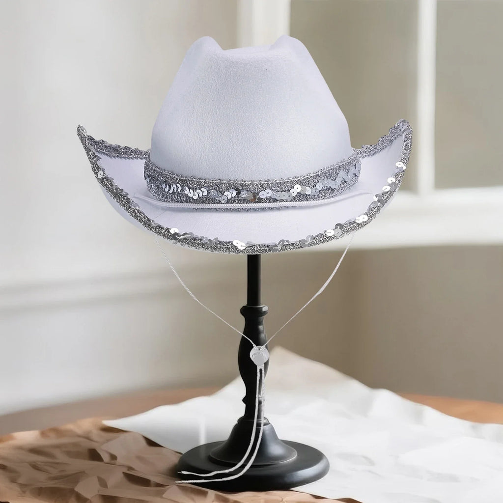 Women Shiny Sequined Wide Brim Cowboy Hat Western Style Sun Cap for Club Party