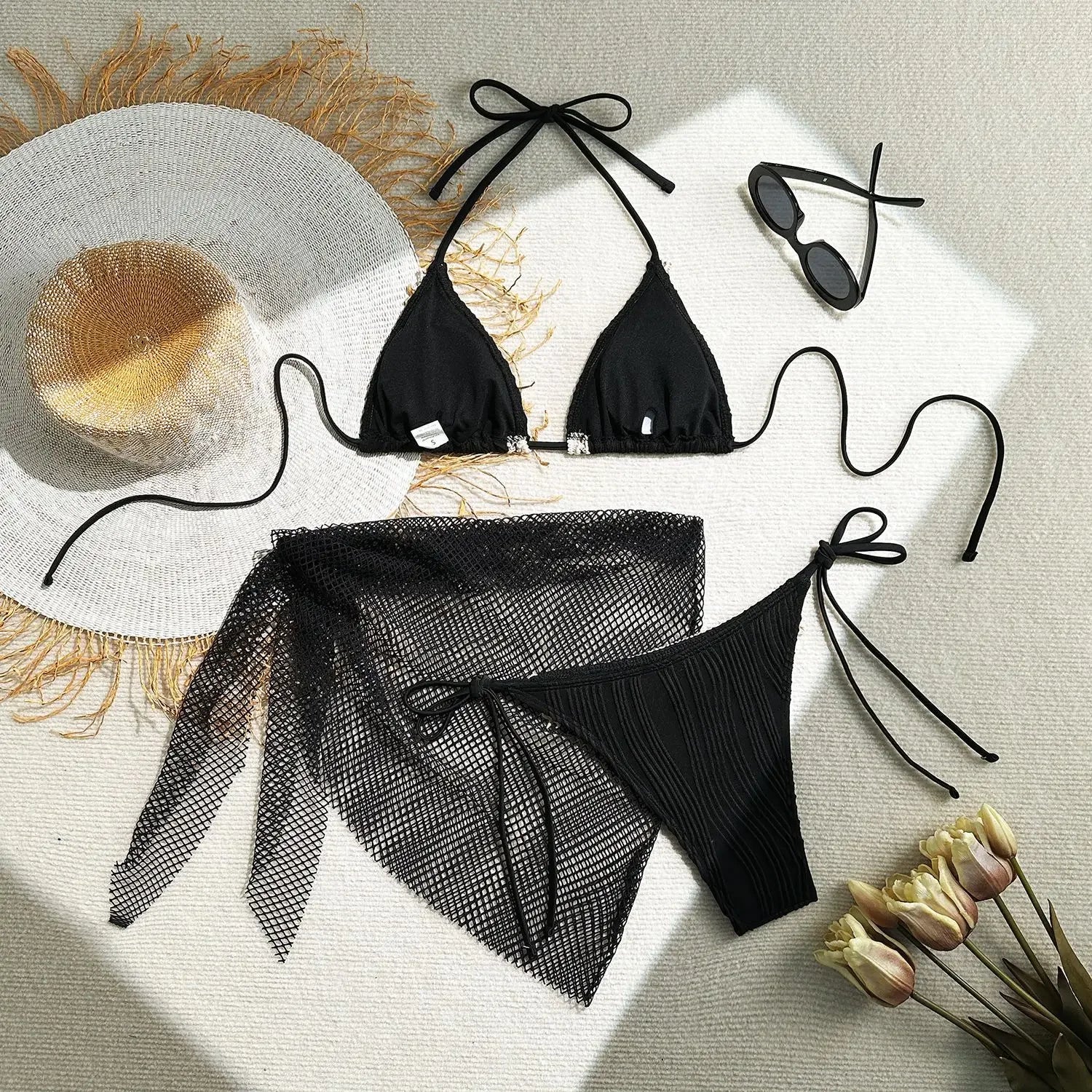 With Mesh Sarong Wrinkled Halter Shell Bikini Female Swimsuit Women Swimwear Three-pieces Bikini Set Bathing Suit Swim Beachwear