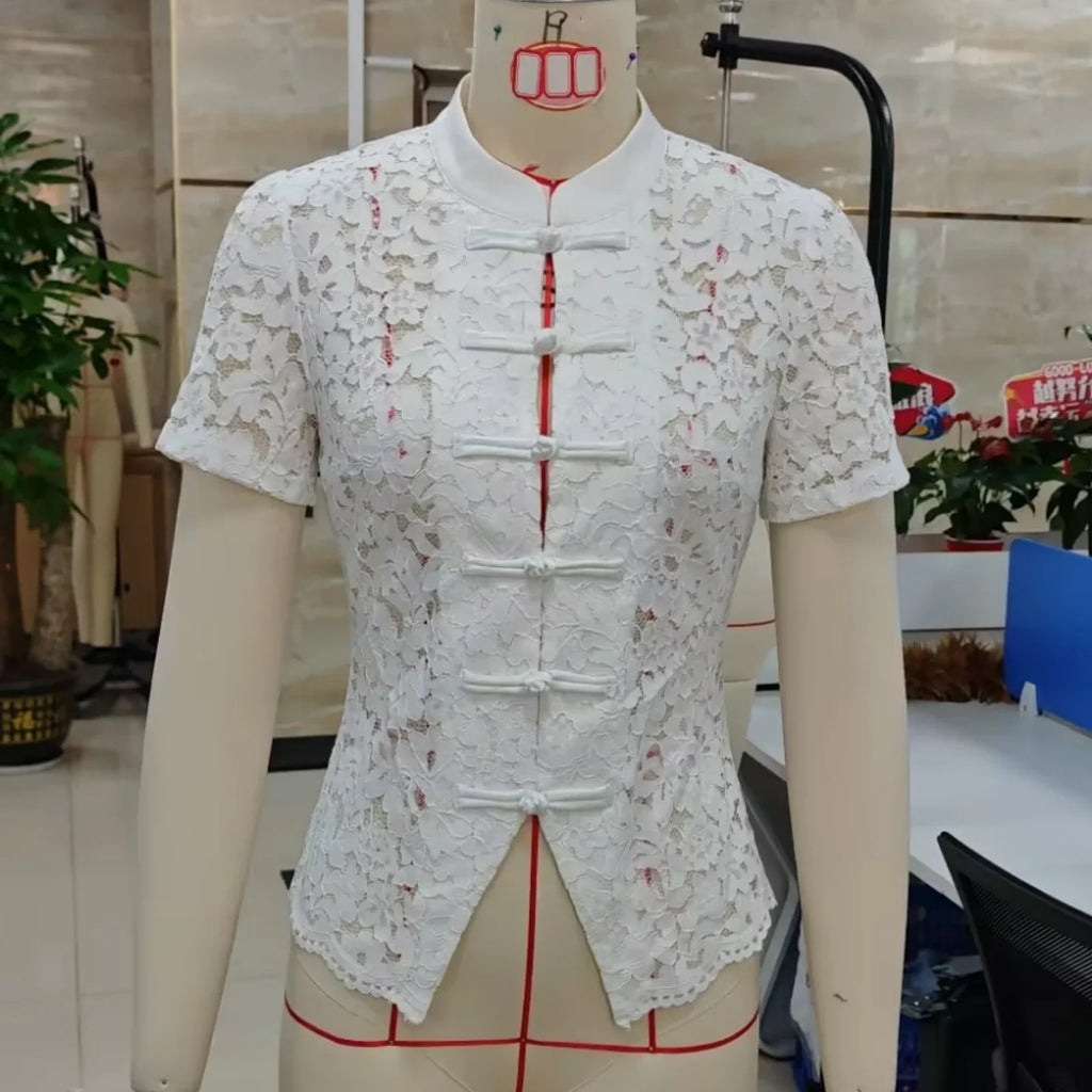 Women's Summer Short Sleeve Mandarin Collar Button Up Shirt Elegant Floral Lace Front Frog Button Closures Mesh Top for Party