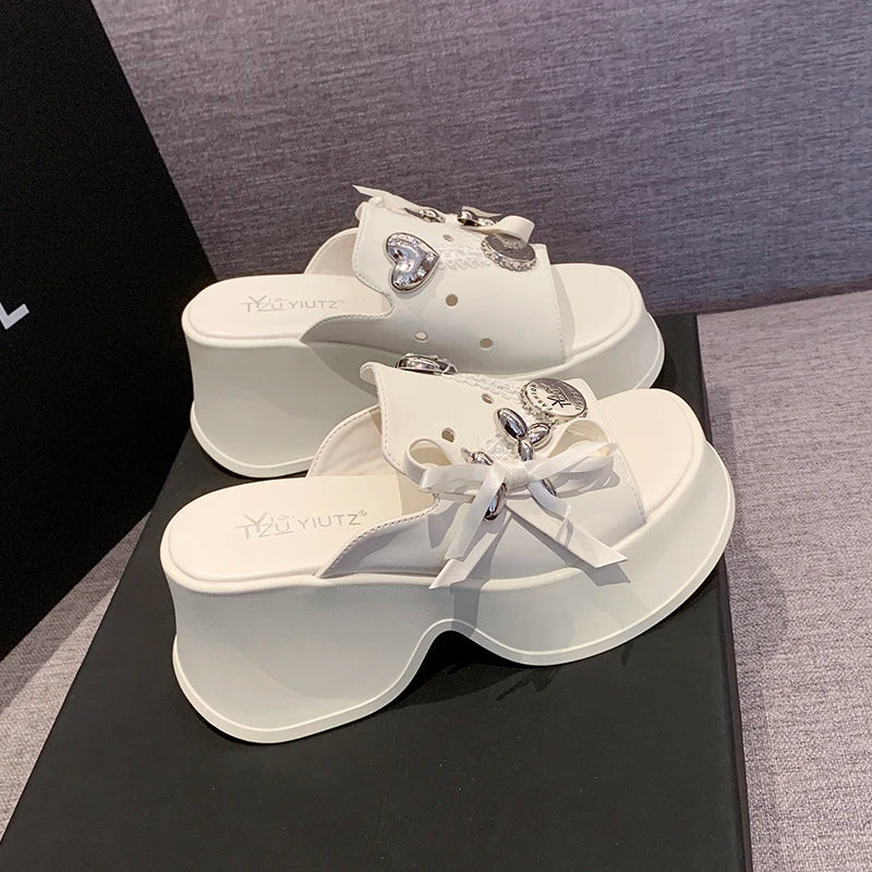 Metal Decor Chunky Platform Sandals Women 2026 Summer Open Toe High Heels Clogs Slippers Woman Bowknot Wedge Heel Sandles Female