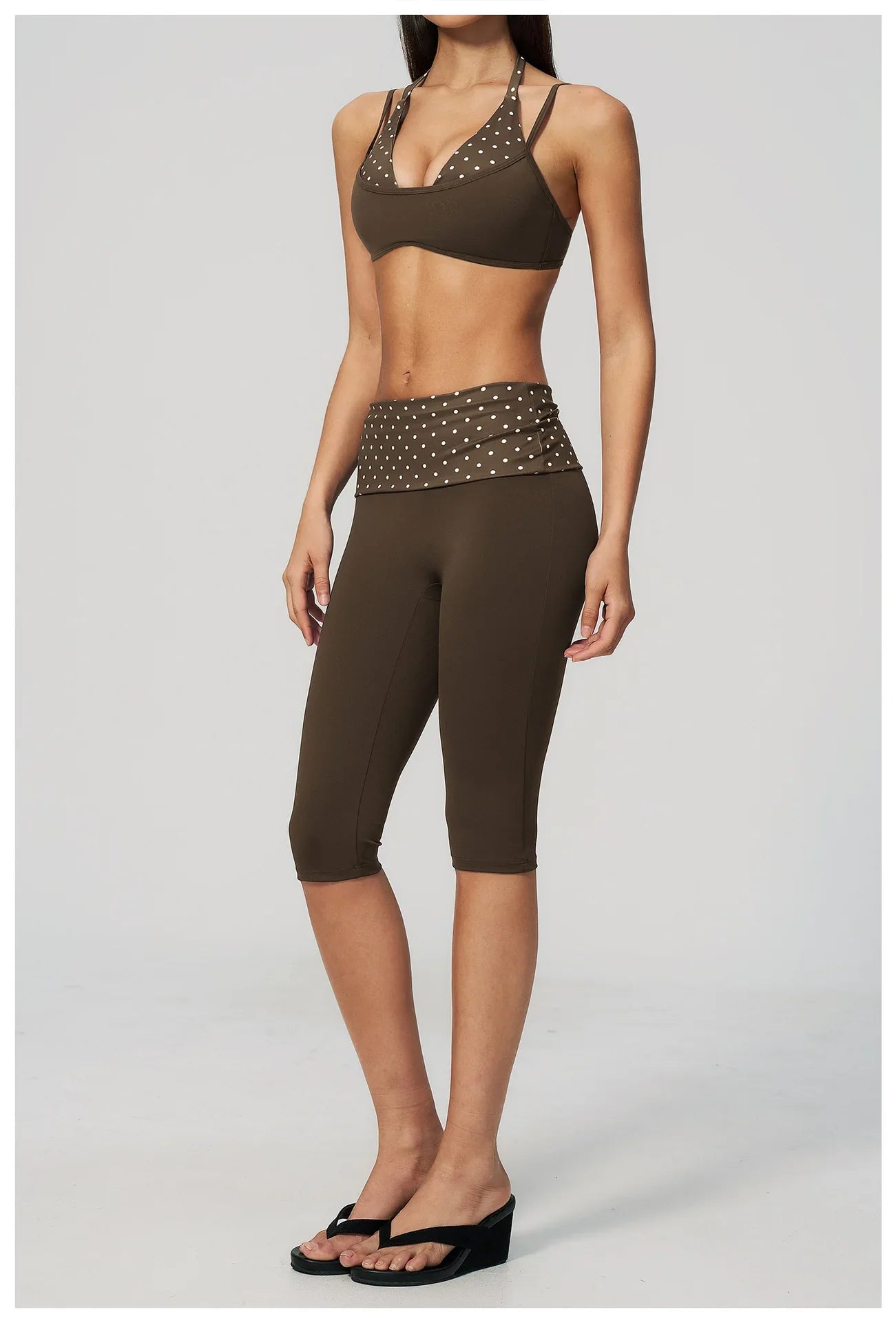 Summer Polka Dot Yoga Sets Women Hanging Neck Shockproof Sports Bra Fitness Suit Folding High Waist Mid Pants Gym Tracksuit