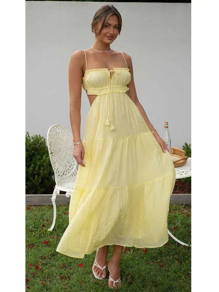 Foridol Strapless Yellow White Summer Dress for Women Elegant Holiday Beach Boho Maxi Long Sundress Backless Sexy Party Vestidos