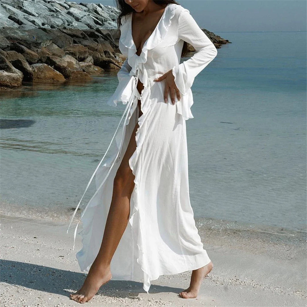 Women's V Neck Ruffled Long Sleeve Dress Chiffon Tunic Beach Cover Up Cover-ups Beach Dress Sunscreen Beachwear Vacation V5976B