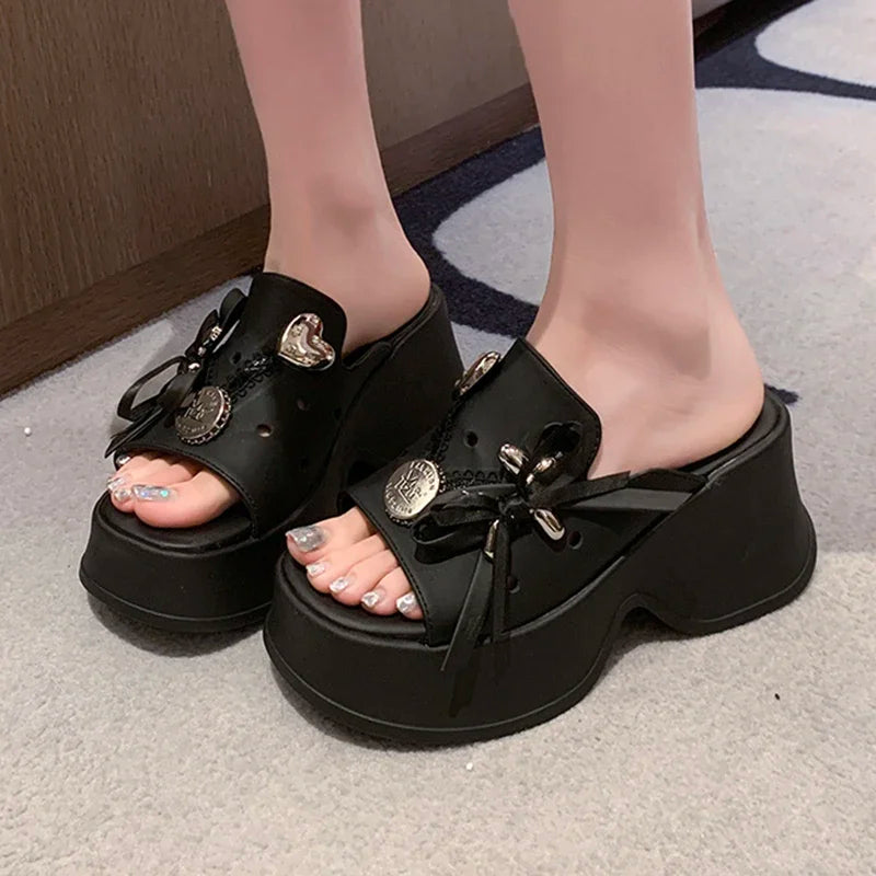 Metal Decor Chunky Platform Sandals Women 2026 Summer Open Toe High Heels Clogs Slippers Woman Bowknot Wedge Heel Sandles Female