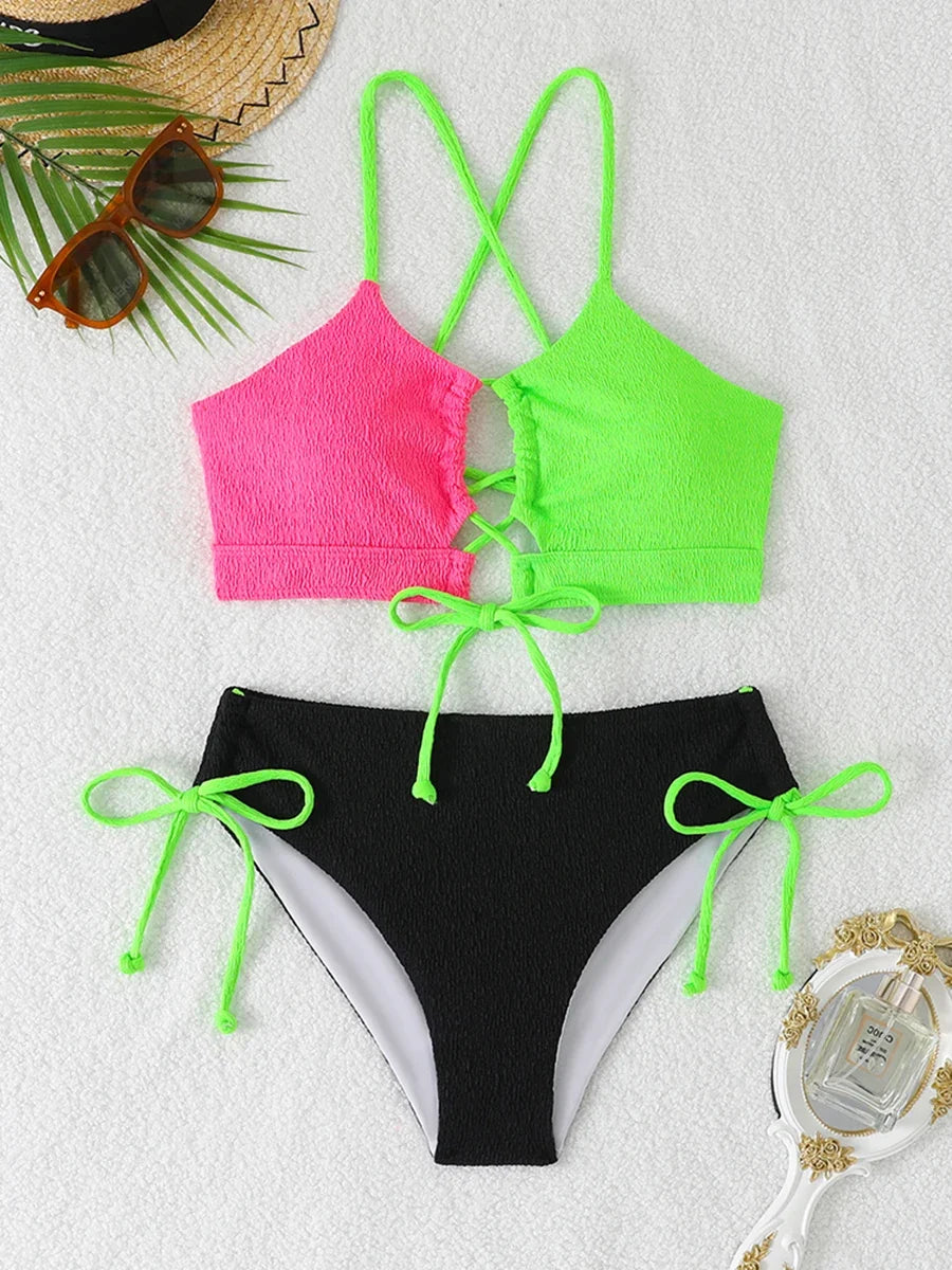 2026 Drawstring Triangle Bikini Women Sexy Color Block Swimwear Female Strappy Swimsuit Bathers Bathing Swimming Swim Suit