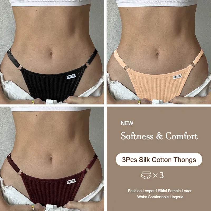3PCS Women's Panties Cotton Thongs Adjustable Waist Sexy G-String Solid Color Seamless Intimate Female Underpants Lingerie S-XL