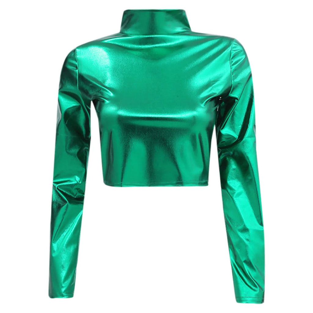 Women Metallic Long Sleeve Crop Tops Shiny Stretch Mock Neck T Shirt Dance Clubwear Ladies Slim Fit Blouses Gold Silver Costumes