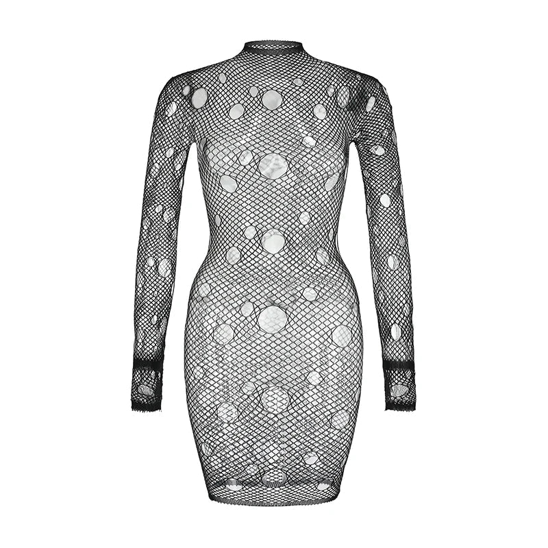 Women Sheer Mesh Long Sleeve Beach Cover Up, Sexy See-Through Fishnet Dress, Solid Bodycon  For Summer Beach Party