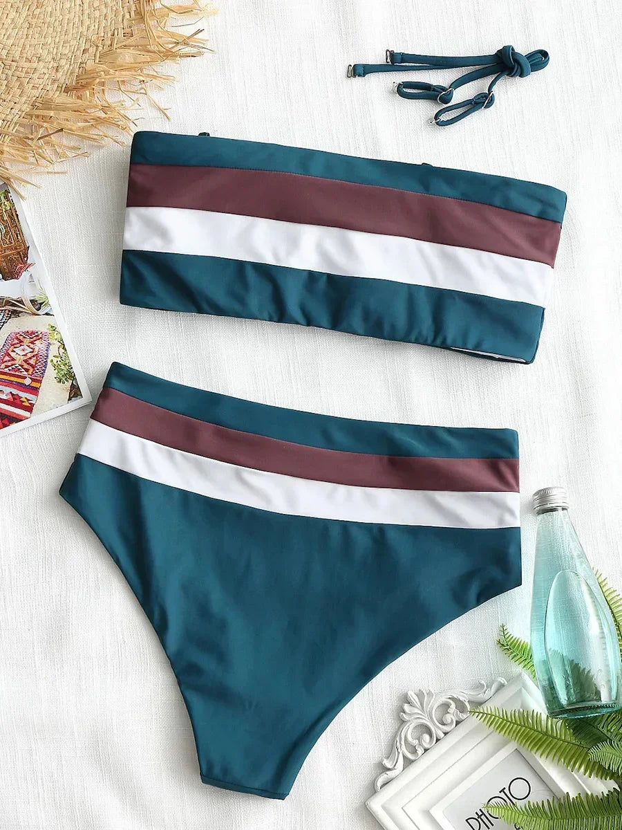 Sexy Striped Bandeau Bikini High Waist Swimsuit Women Swimwear Female Two Pieces Bikini Set Bather Bath Swimming Suit Beachwear