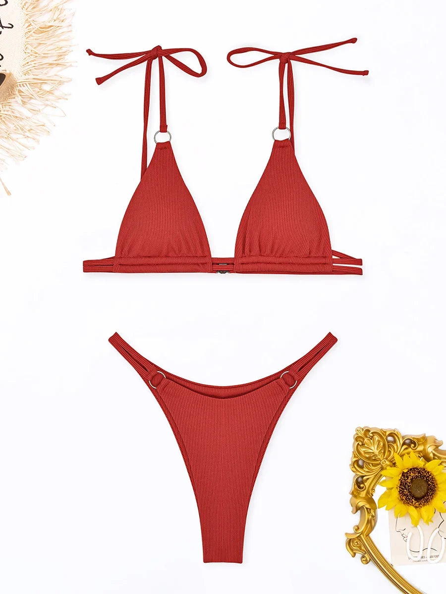 Ring Link Bikini 2025 Solid Sexy Swimsuit Women Padded Swimwear Female Bathers Bathing Swimming Swim Suit Beachwear