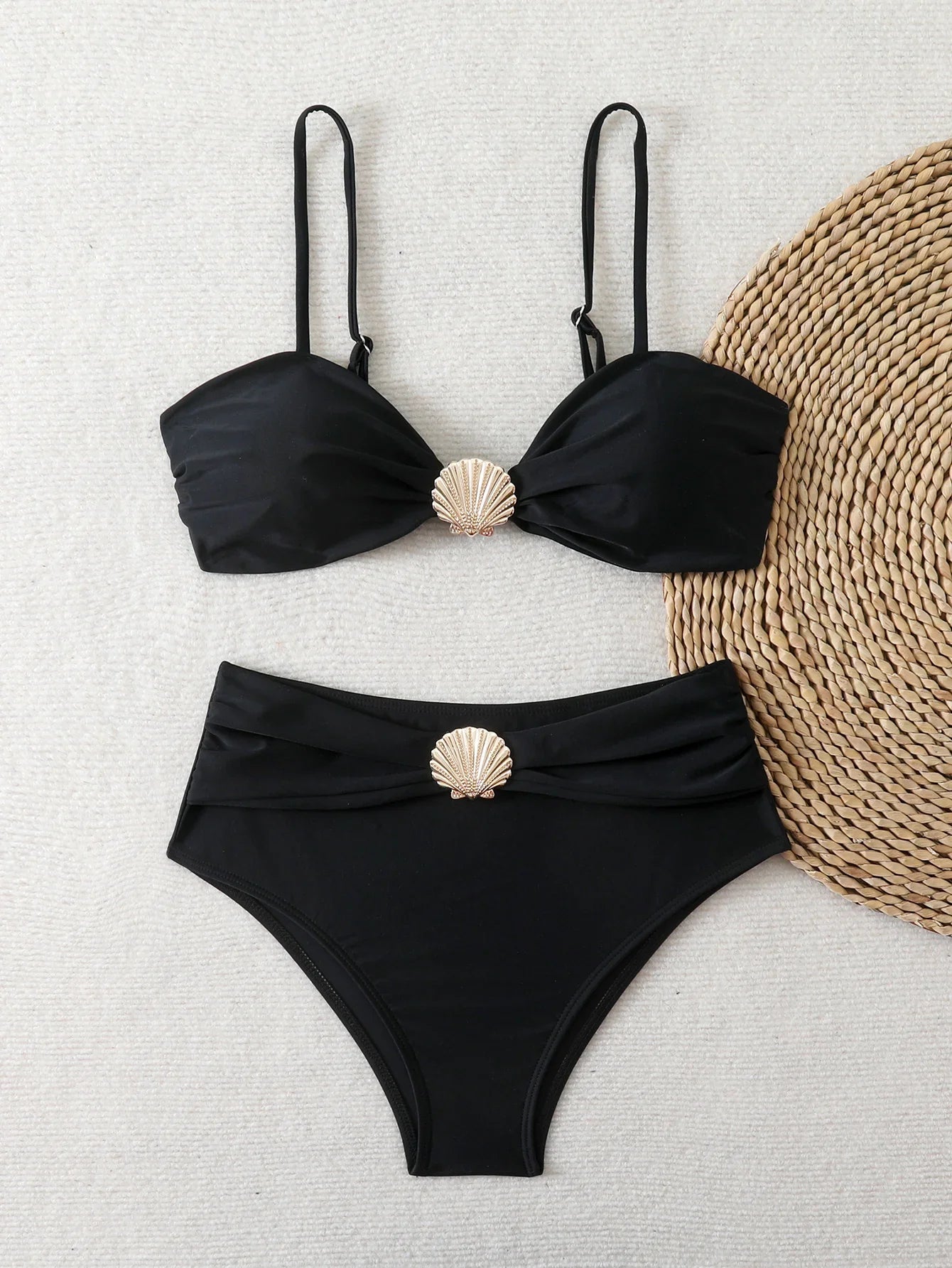 Strappy High Waist Bikinis 2026 Women Sexy Shell Swimsuit Solid Padded Swimwear Female Bathers Bathing Swimming Swim Suit