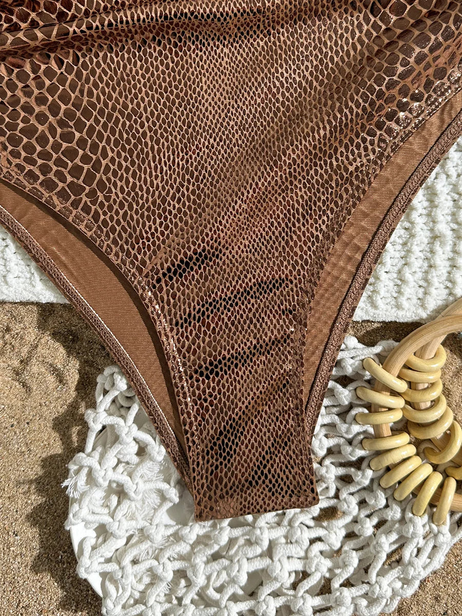 SnakeSkin Halter V Neck Backless Female Swimwear One Piece Swimsuit Women Monokini High Cut Bathing Suit Swim Bodysuit Beachwear