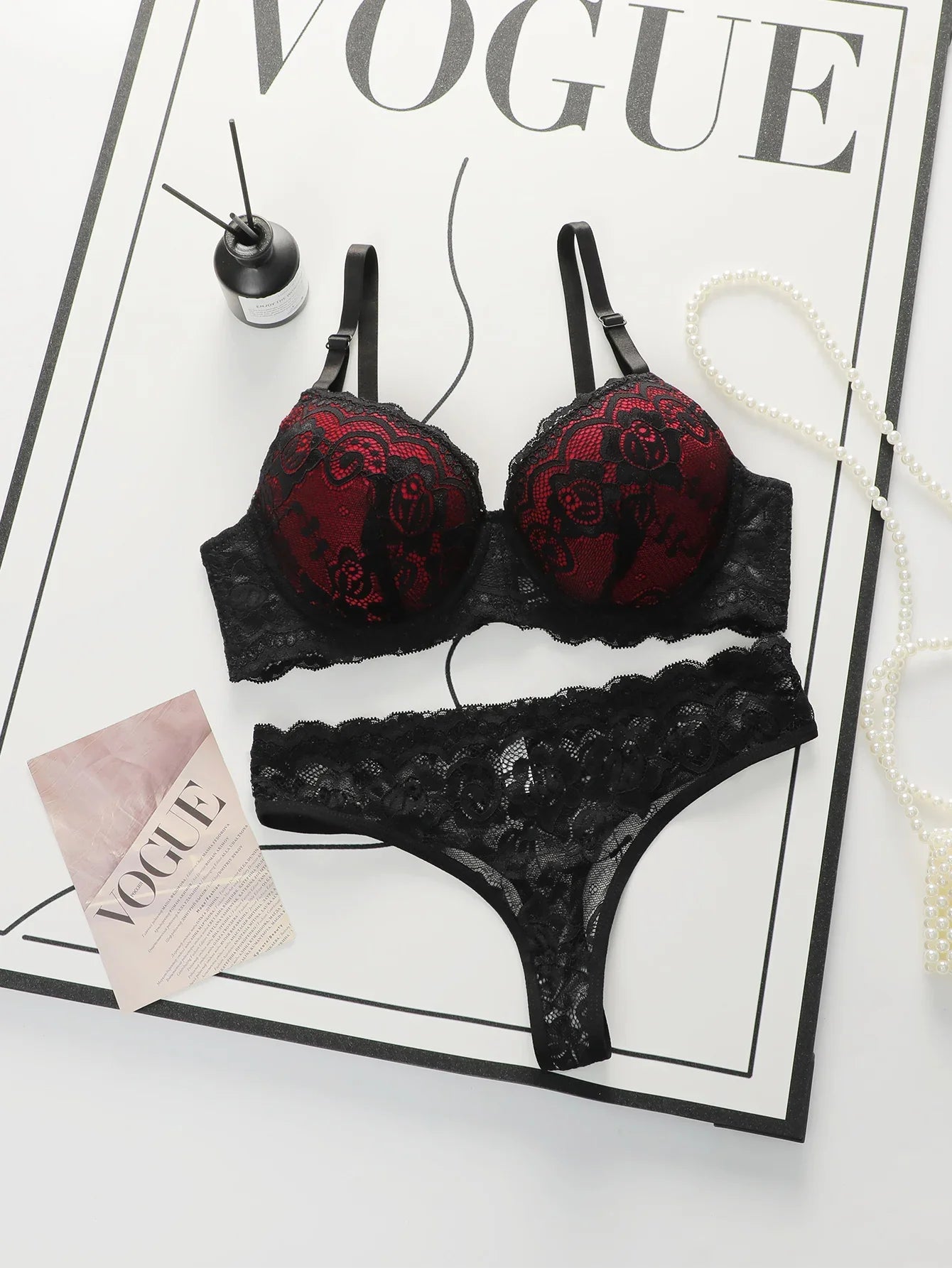 The Best-selling Sexy Gathering Style Lace Flower Adjustable Shoulder Strap Two-piece Set For Women's Underwear A3129