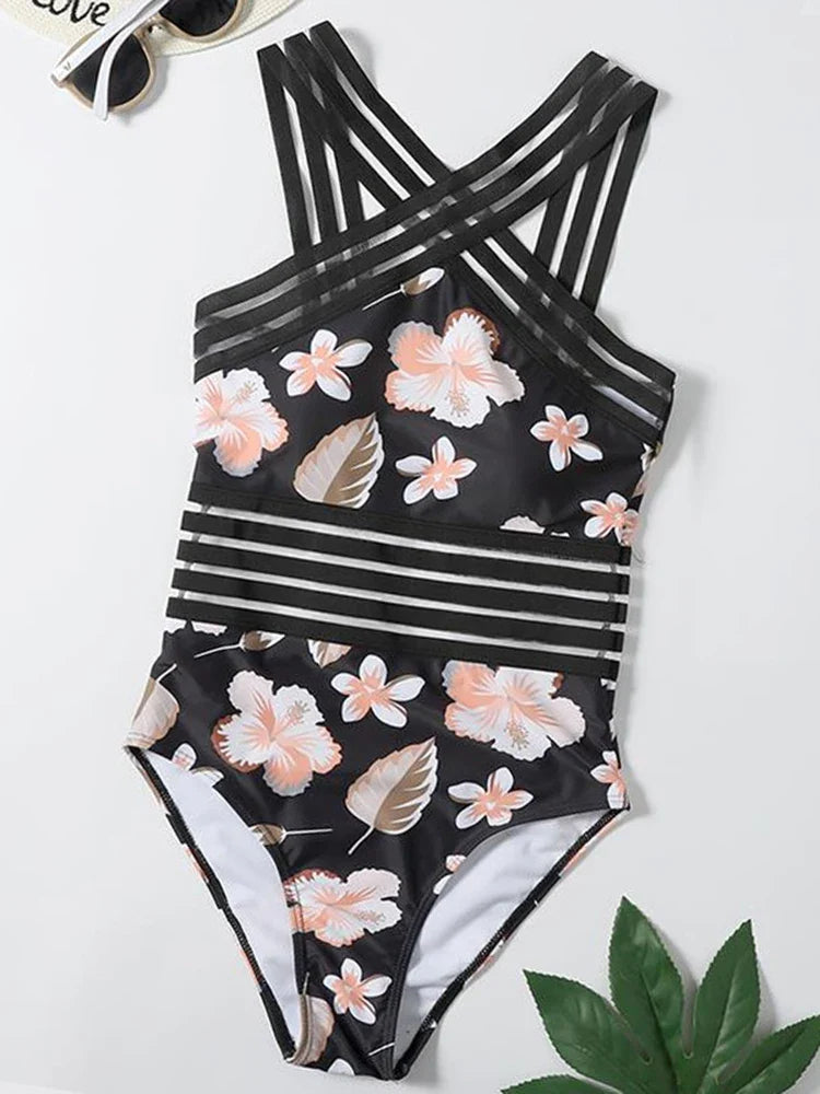Mesh Tape Swimsuit One Piece Sexy Leopard 2026 Swimwear Women Cross High Neck Bathing Suit Female Swimming Summer Beachwear