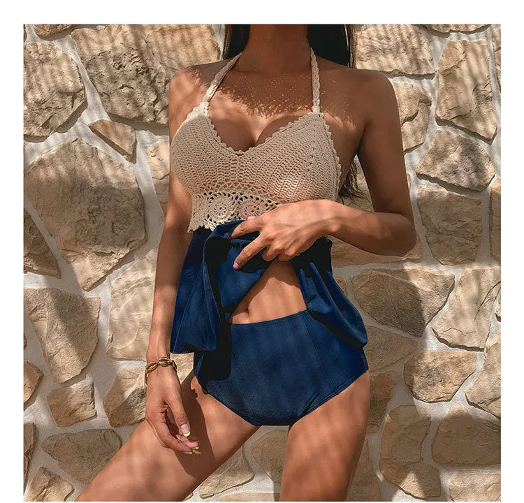 Women knitted Tankinis High Waist Bikini Set Handmade Crochet Bikinis Bathing Suit Beachwear For Asian